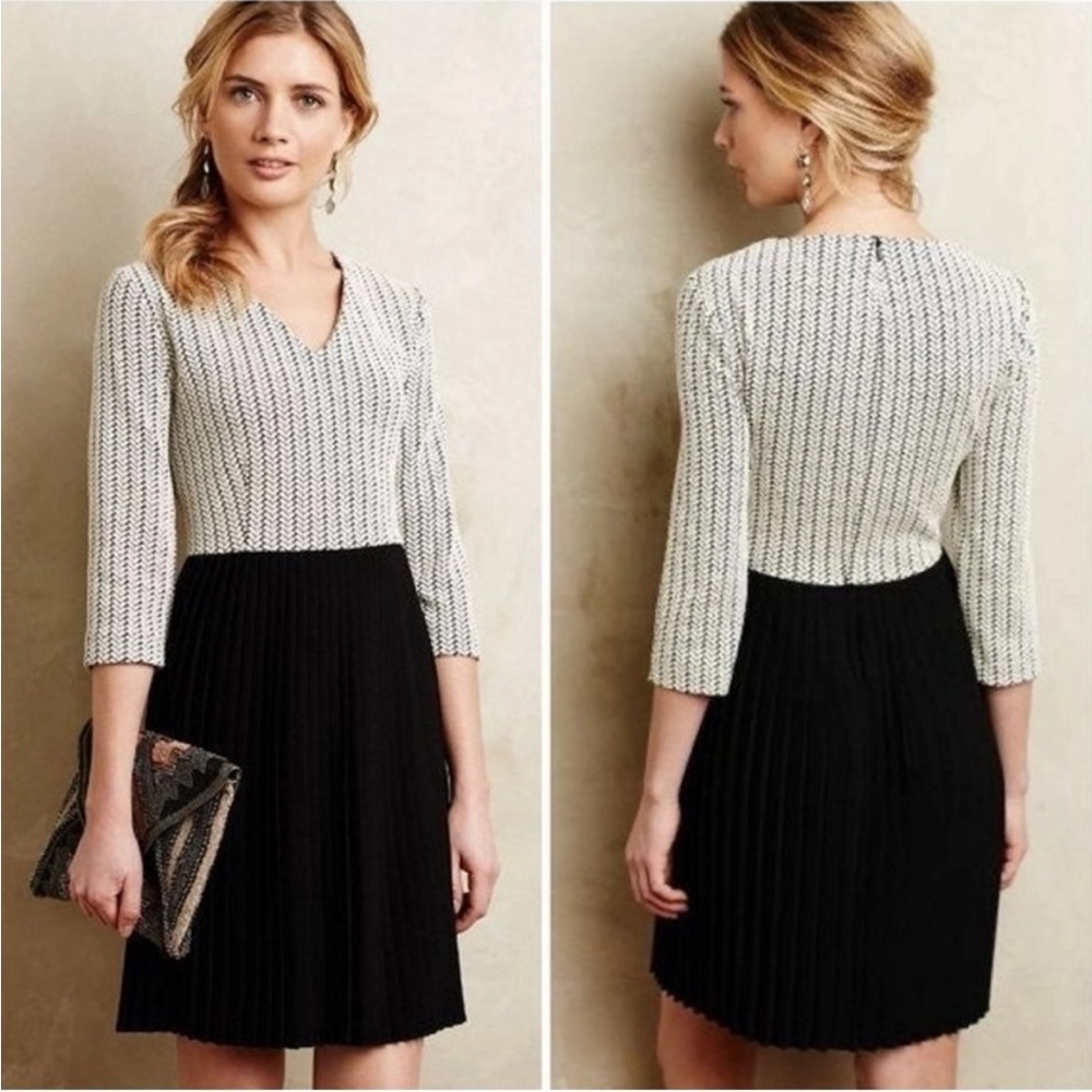 GANNI for Anthropologie textured pleated Black/Cream V-neck dress Large